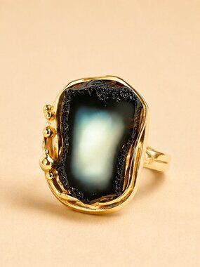 Baltic Black and White Amber Ring in Gold Plated Sterling Silver